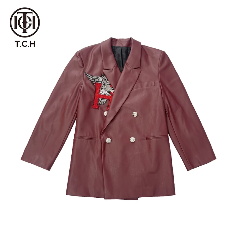 TCH轻奢潮牌字母老鹰烫钻时尚百搭安哥拉红色西装外套T72C04E6010