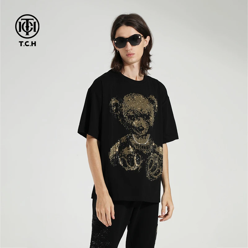奥莱-TCH萌小熊字母烫钻宽松圆领时尚黑色T恤男女同款T21110C6192