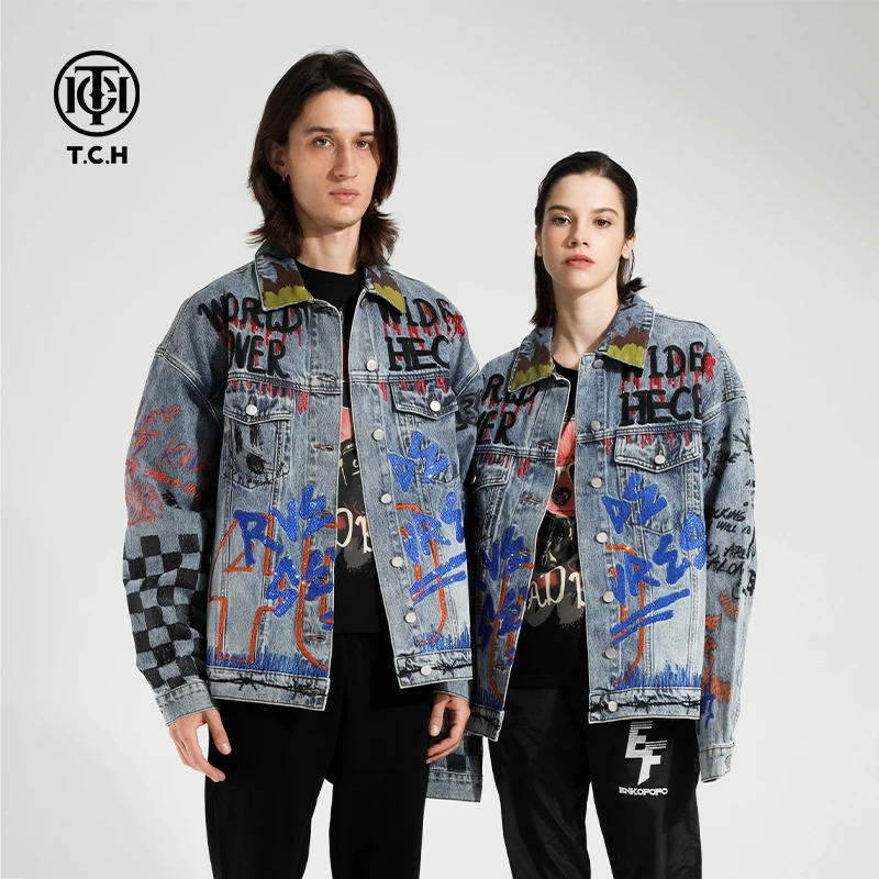 潮牌TCH字母涂鸦情侣牛仔外套T21106C3004洋气