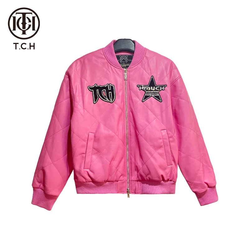 潮牌-TCH潮牌炫彩烫钻时尚休闲保暖粉色夹克棉服T69D18E6002