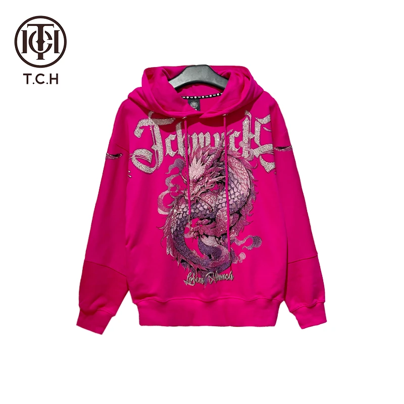 TCH服饰店播-潮牌重工系列炫彩龙烫钻新年帽衫男女T72A12E6006