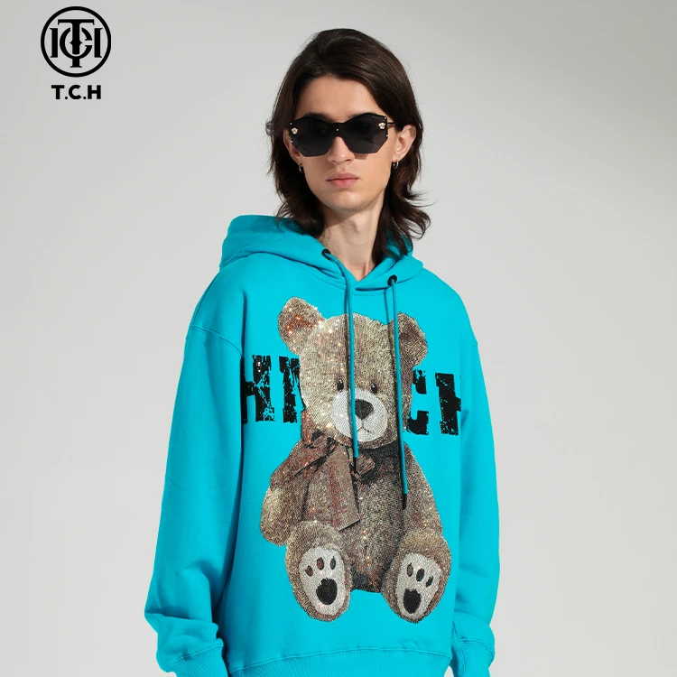 潮牌-抱抱熊烫钻蓝色帽衫T21112C6051