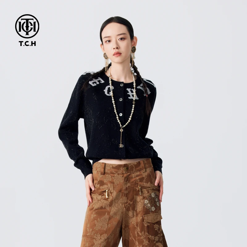 TCH-满天星烫钻法式时尚绵羊毛针织开衫外套女T72D438012