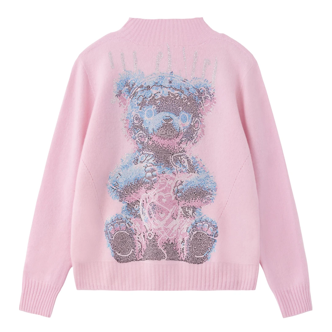 轻奢-TCH时尚潮牌梦幻风小熊可爱烫钻粉色毛衣针织衫T72C09E9022
