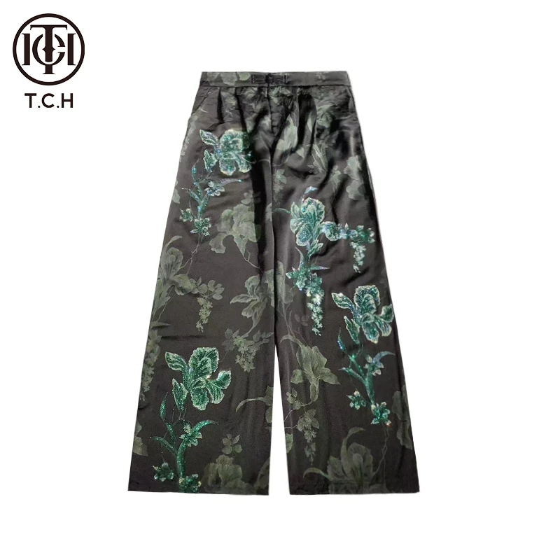 TCH潮牌春夏新款黑色提花烫钻时尚休闲新中式直筒裤T72B20E9006