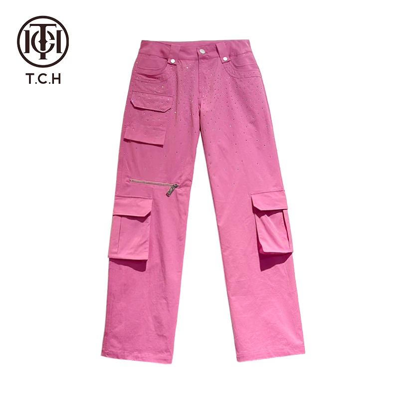 潮牌-TCH潮牌炫彩烫钻时尚百搭休闲热力感粉色工装裤T69C20E6010