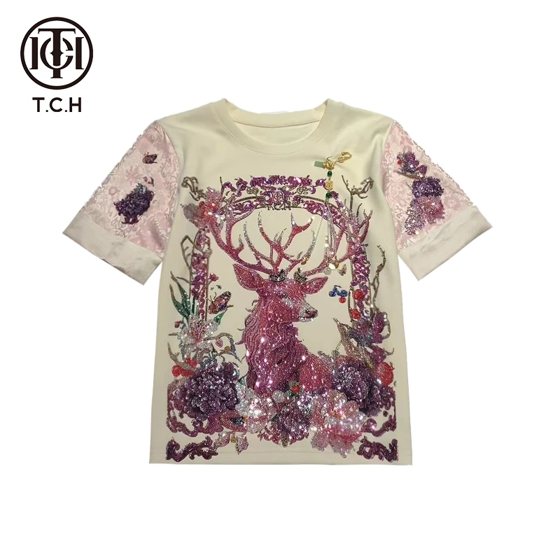 轻奢-T.C.H2024春夏潮流烫钻新中式系列时尚短袖T恤T72A108001