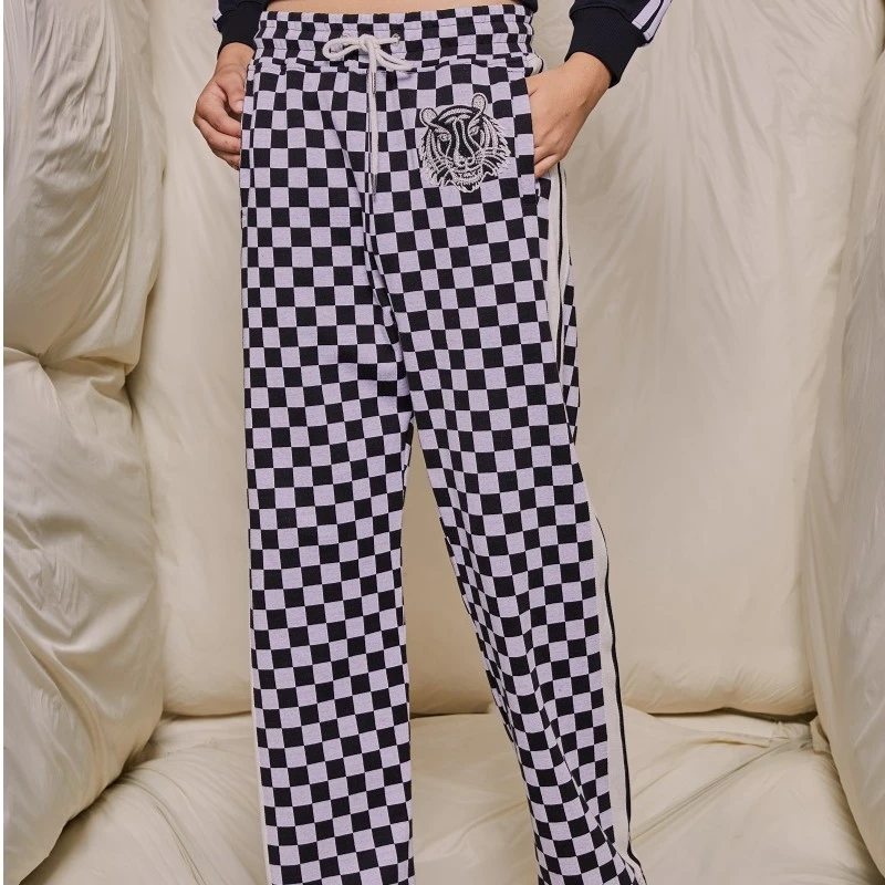 TCH潮牌阔腿棋盘格直筒宽松休闲时尚洋气格子长裤S69D206013