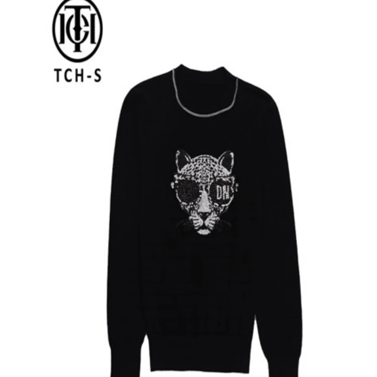 轻奢-TCH潮牌墨镜豹子手工镶钻黑色半高领毛衣秋冬S66C099002