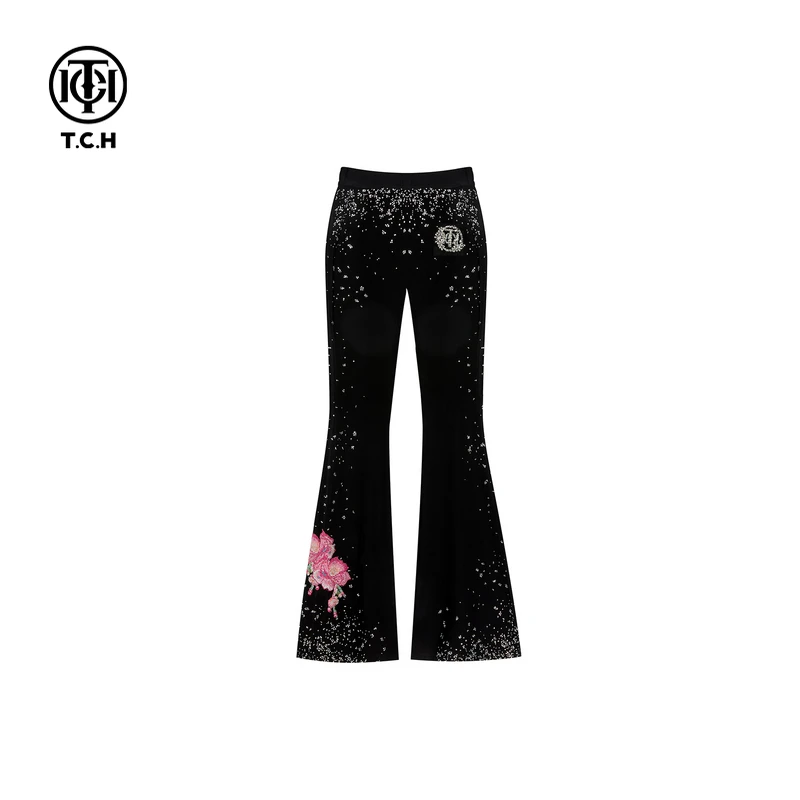 TCH轻奢烫钻工艺个性洋气高腰微喇裤子休闲裤女T72C208035私服tch