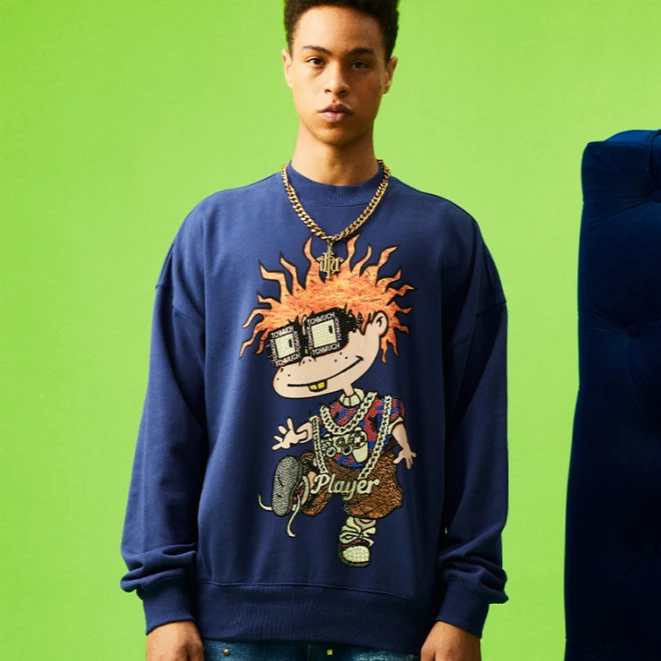 潮牌-TCH精灵火焰娃娃大颗粒彩钻紫色圆领长袖卫衣T66C116101