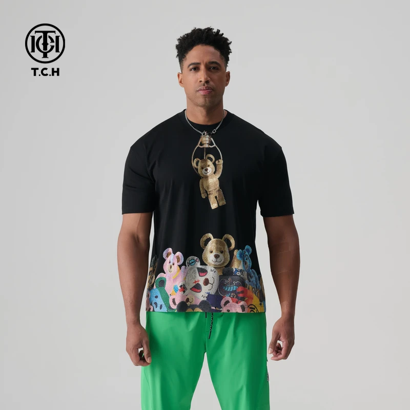 TCH轻奢烫钻工艺卡通小熊时尚情侣款百搭T恤T72B106116私服 tch