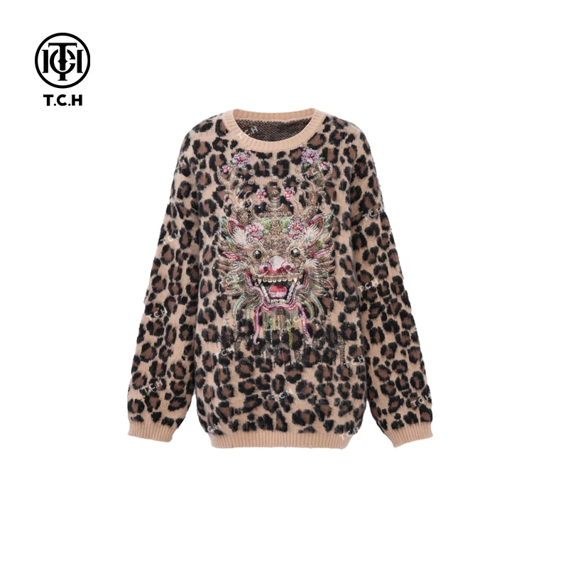 私服-TCH潮牌24秋冬新款圆领新中式豹纹针织衫T72C09E5111