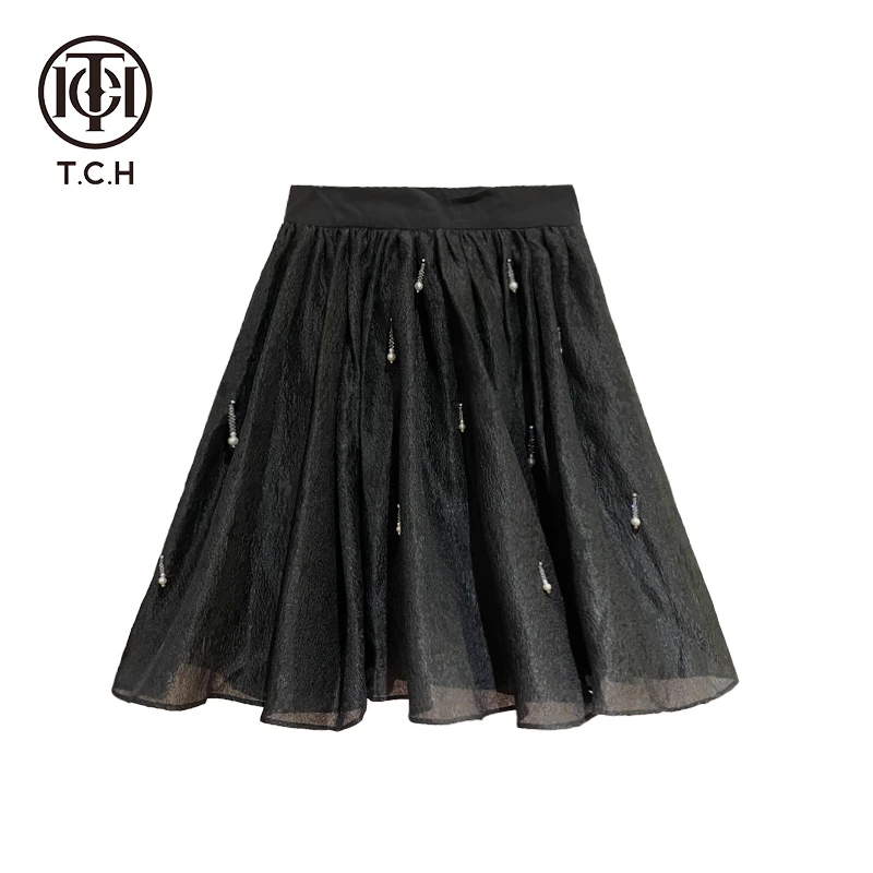 TCH轻奢烫钻工艺手缝黑色时尚显瘦半身裙女T69B22E6010私服tch
