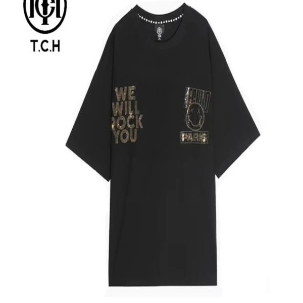 奥莱-TCH重工烫钻黑色图案宽松版T恤T21110C3123