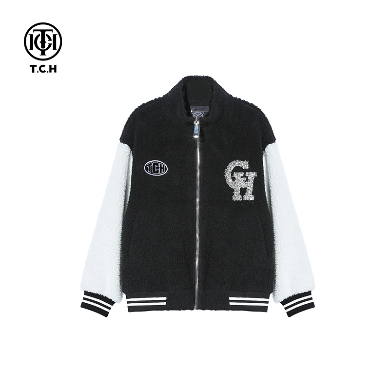 TCH潮牌黑白拼色颗粒绒烫钻时尚休闲立领洋气夹克外套S69C276023