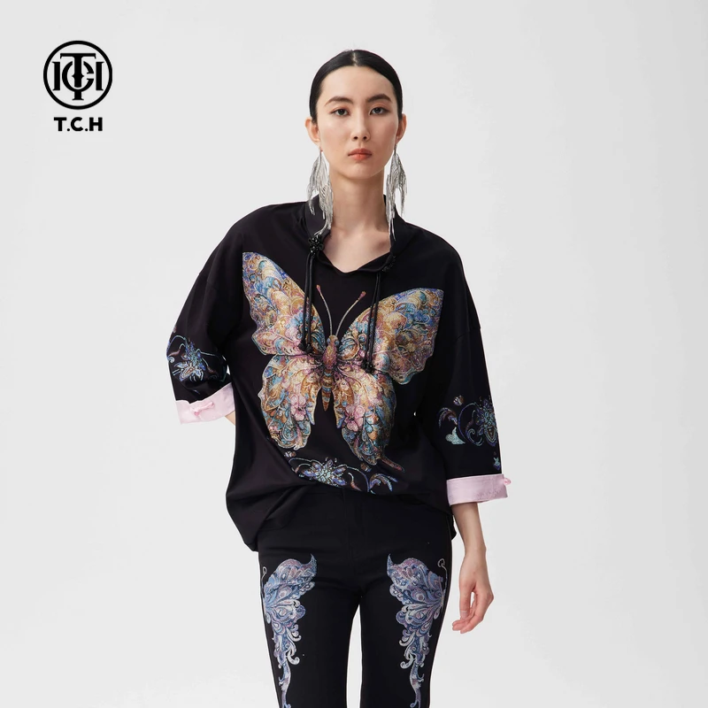 TCH轻奢2025秋季新款时尚蝴蝶烫钻连衣裙T恤裙T72C306003私服tch