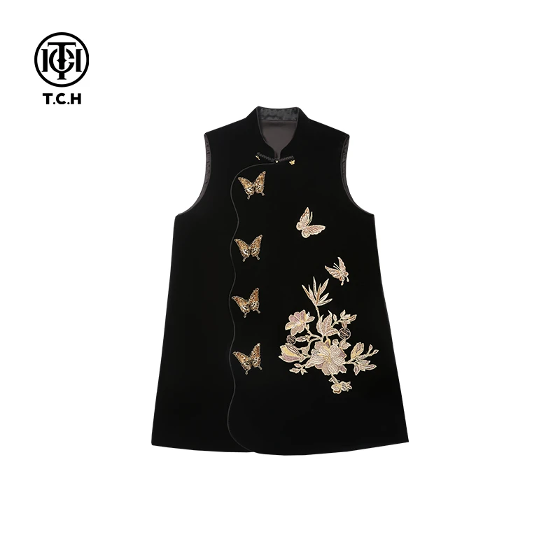 TCH轻奢新中式精致蝴蝶烫钻黑色丝绒连衣裙T72C01E9006私服tch