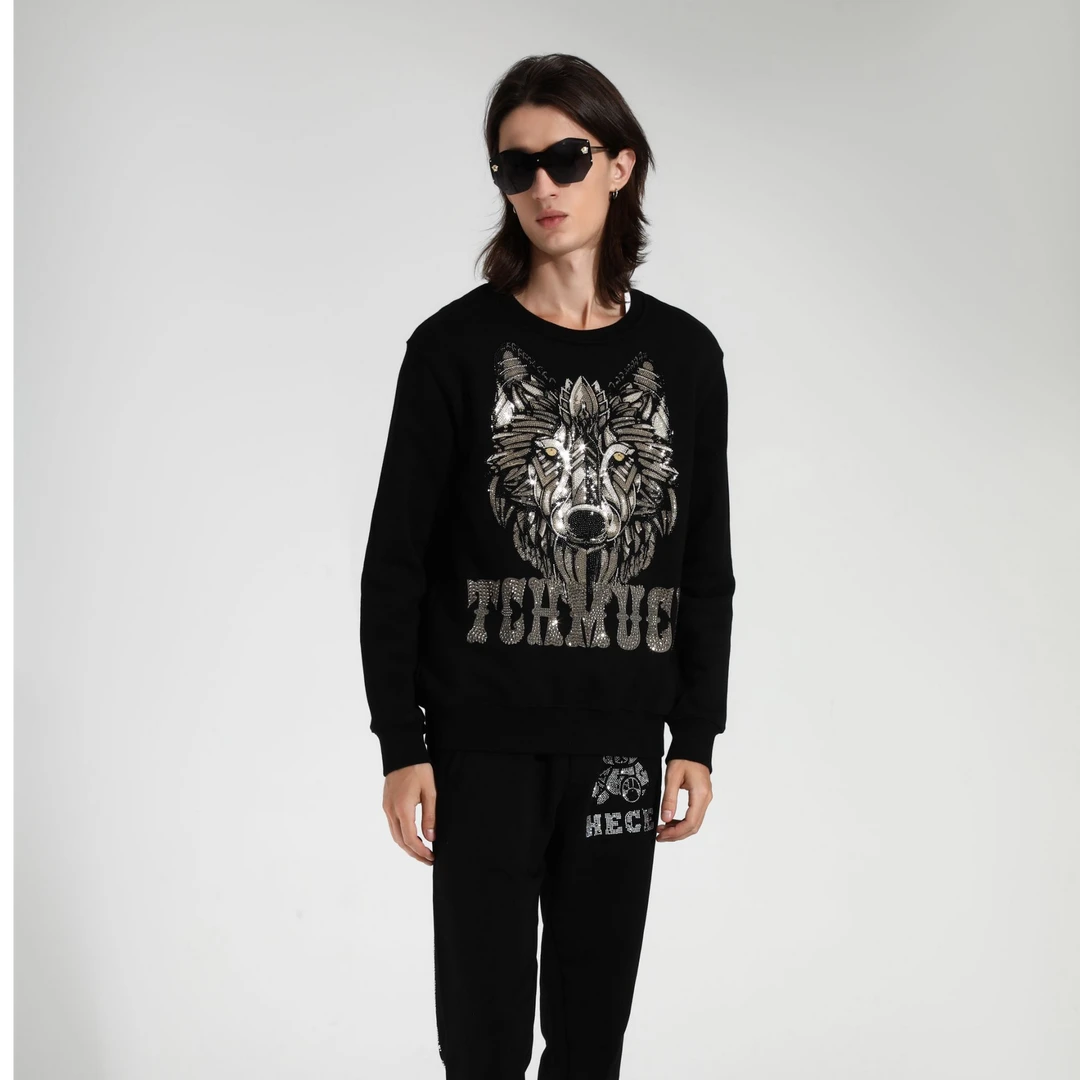 TCH轻奢烫钻工艺时尚休闲百搭潮流宽松圆领衫T21111C6040私服tch