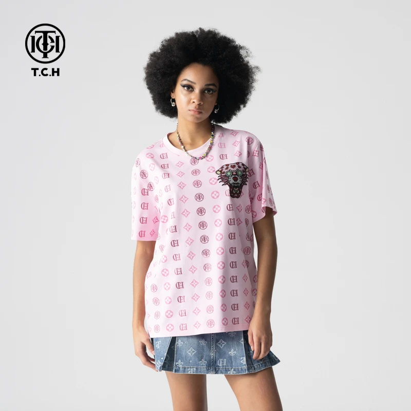 奥莱-TCH2025新款印花烫钻休闲宽松T恤半袖女轻奢系列T72B106079