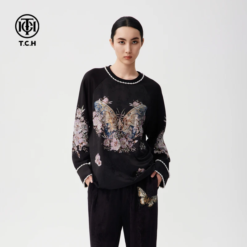 山东-TCH2025新款时尚休闲长袖套头衫烫钻气质卫衣T72C086037