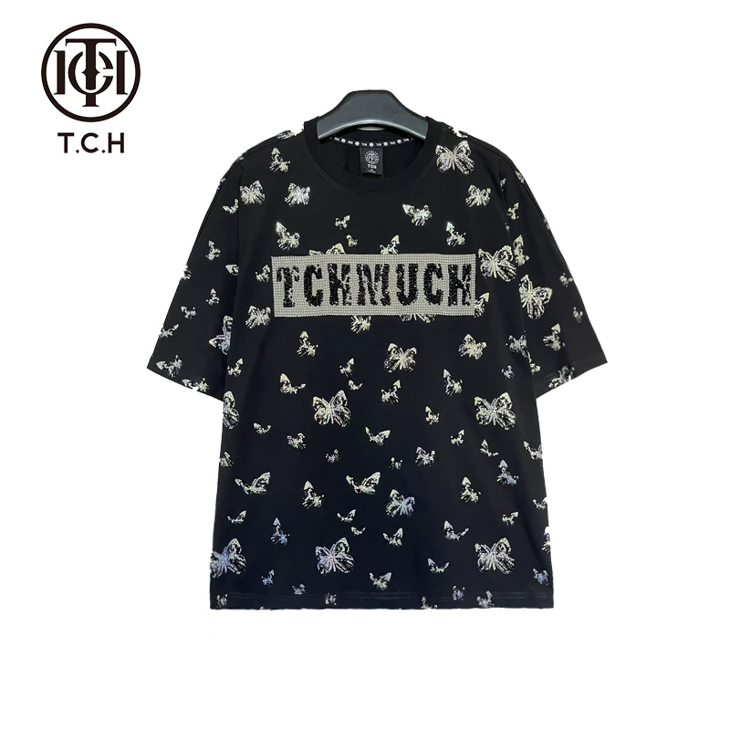 TCH轻奢烫钻工艺时尚百搭宽松型经典黑色T恤女T66C10E6020私服tch