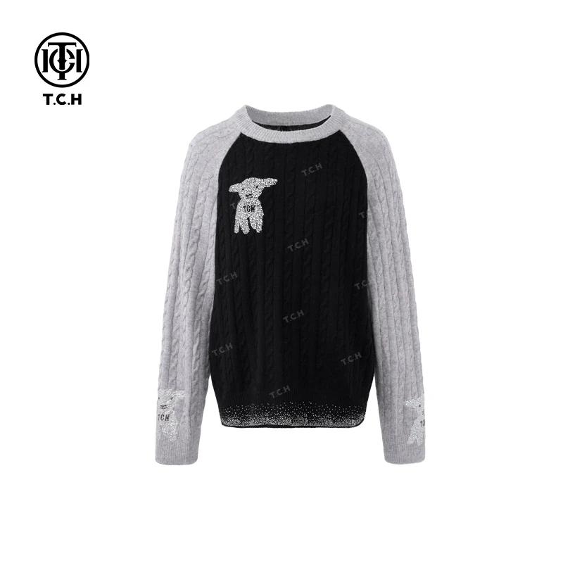 私服-TCH潮牌24秋冬时尚休闲圆领长袖黑色拼接针织衫T72C09E5150