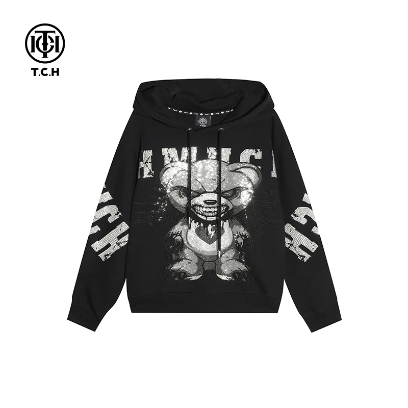 潮牌DJ-TCH/轻奢潮牌新款烫钻时尚宽松连帽卫衣T21112C6027