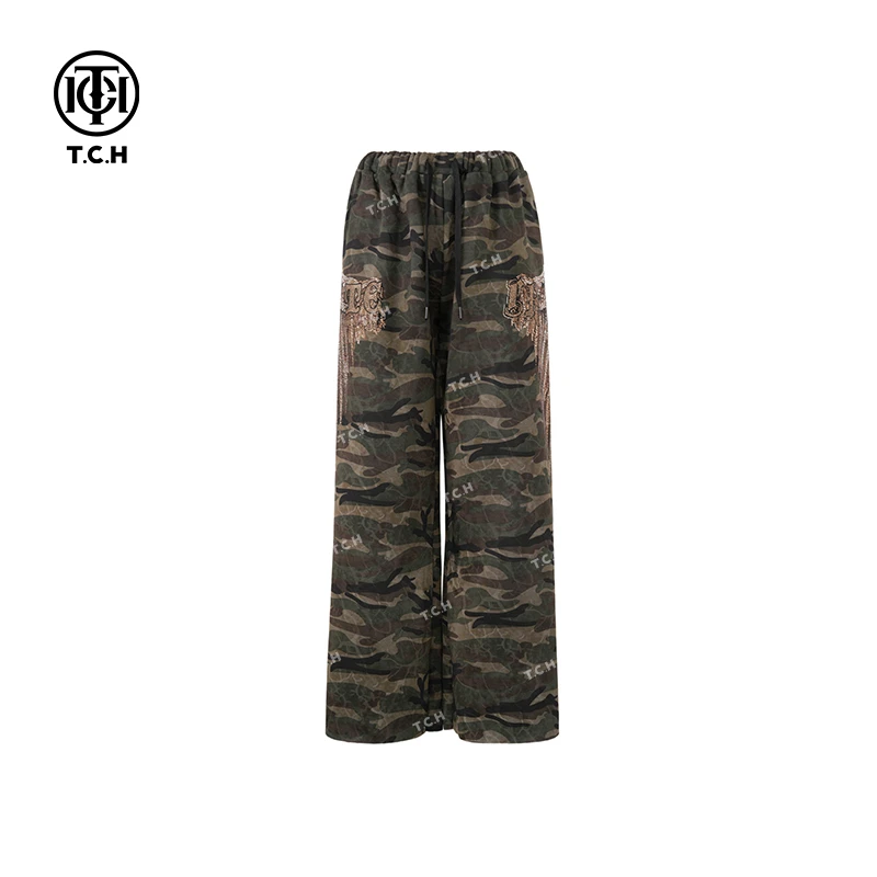 私服-TCH潮牌24秋冬新款迷彩翅膀烫钻阔腿裤T72C20E5093