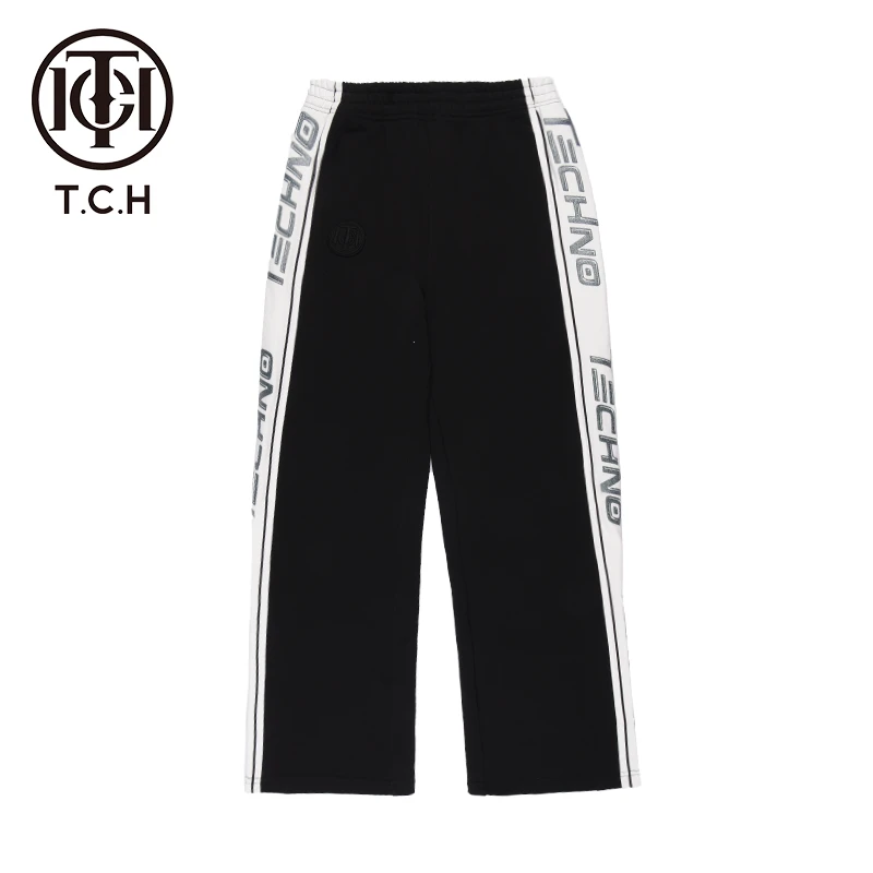 男装TCH拼接烫钻时尚休闲黑色宽松条纹洋气潮流阔腿裤T69D20E6009