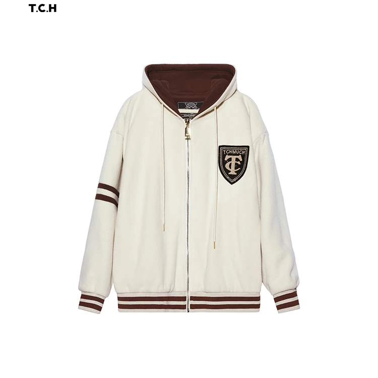 奥莱-TCH潮牌烫钻徽章时尚条纹颗粒绒慵懒风米色外套S69C276009