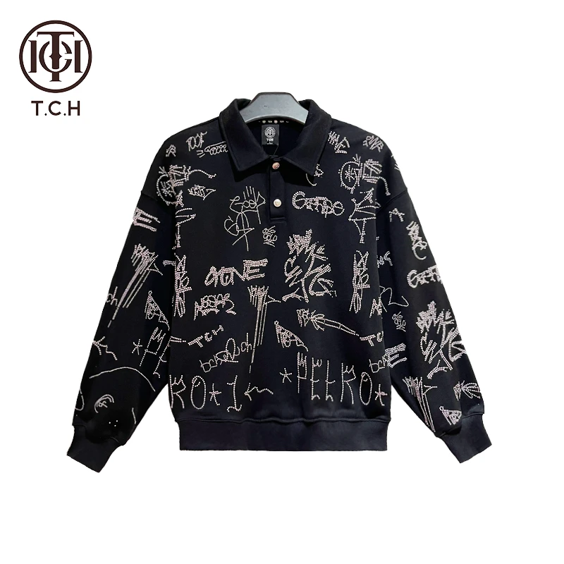 TCH钉珠不规则烫钻秋季新款翻领套头洋气黑色卫衣T69A08E6010