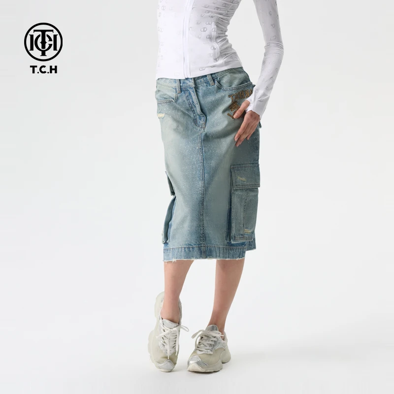 TCH轻奢2025夏季新款烫钻时尚休闲百搭牛仔半裙T72B228007私服tch