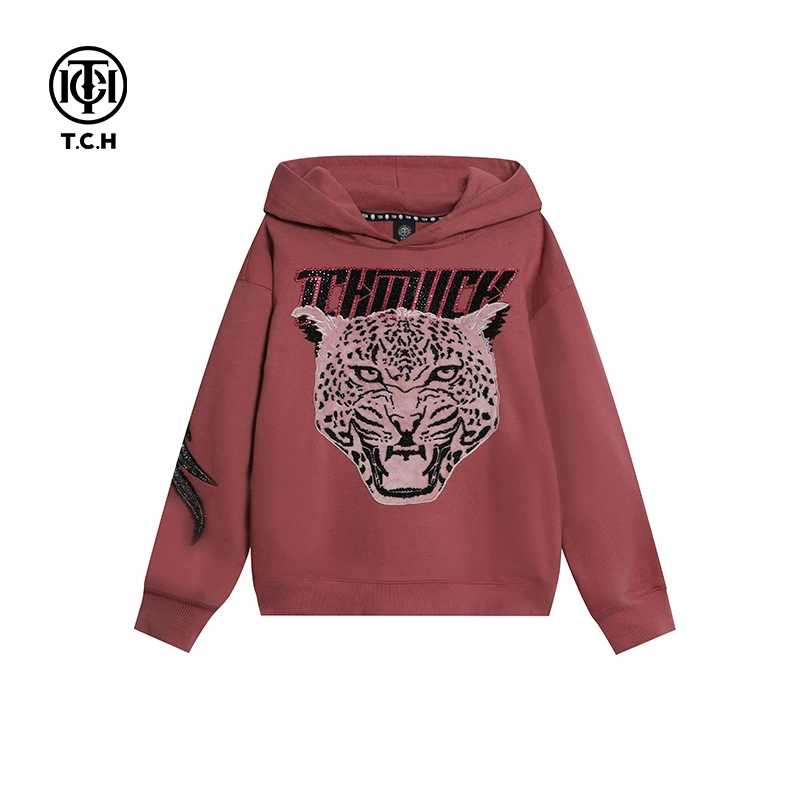 TCH潮牌珍珠豹头重工烫钻情侣休闲粉色带帽卫衣T66A126128