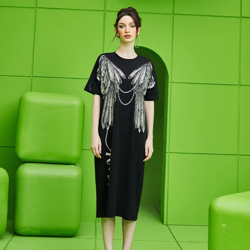 TCH轻奢烫钻工艺羽翼珍珠链休闲时尚连衣裙女T69A306022私服tch