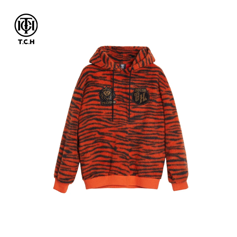 潮牌-TECHNO CHILLOUT HOUSE潮牌狮子翅膀烫钻橙色帽衫T213126042