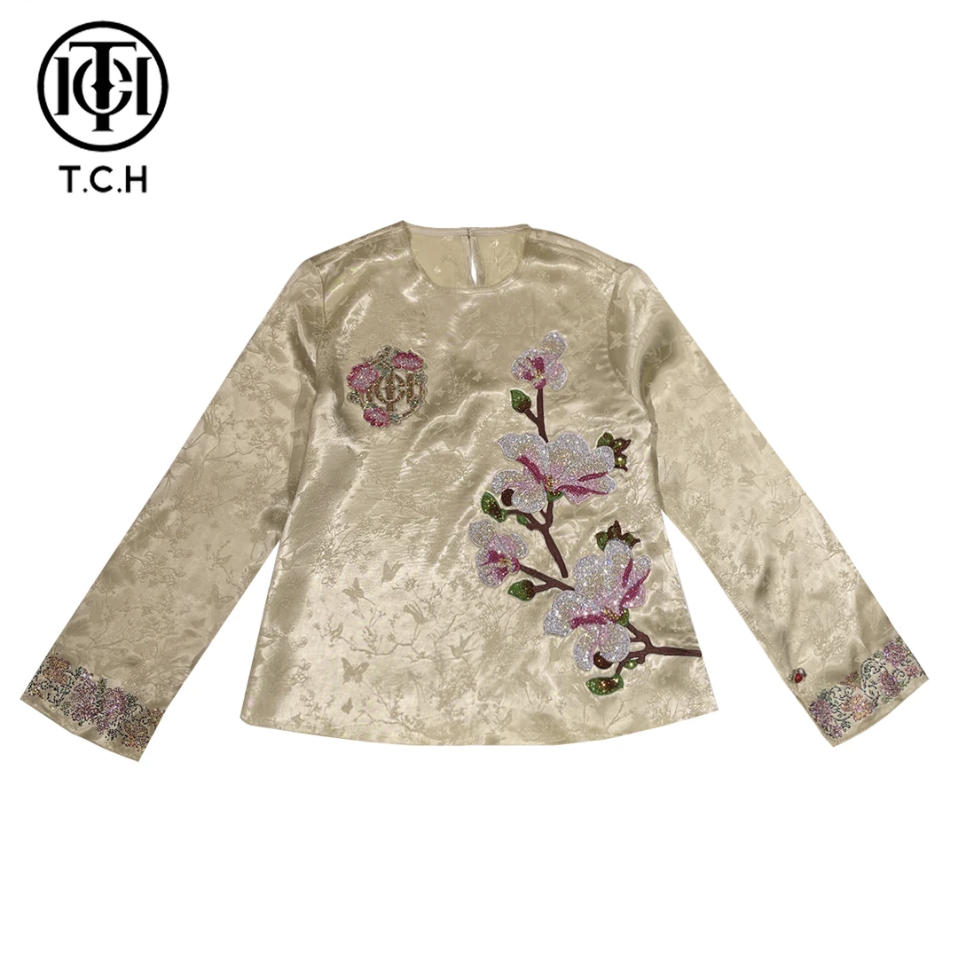 TCH轻奢烫钻工艺国风时尚花卉提花长袖衬衫女T72A08E9012私服tch