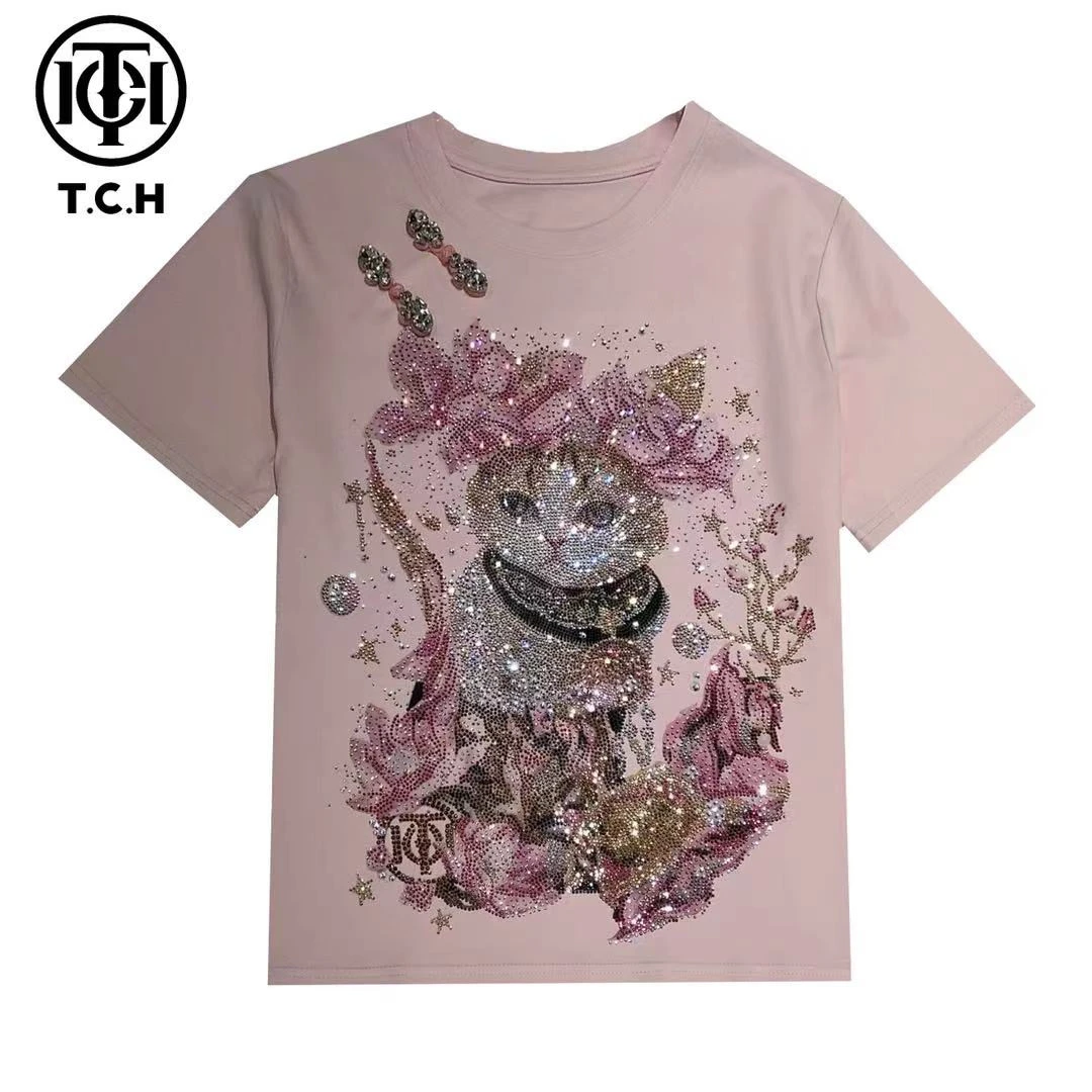 奥莱-TCH/新中式洋气春夏潮流重工烫钻时尚粉色T恤T72B10E9035