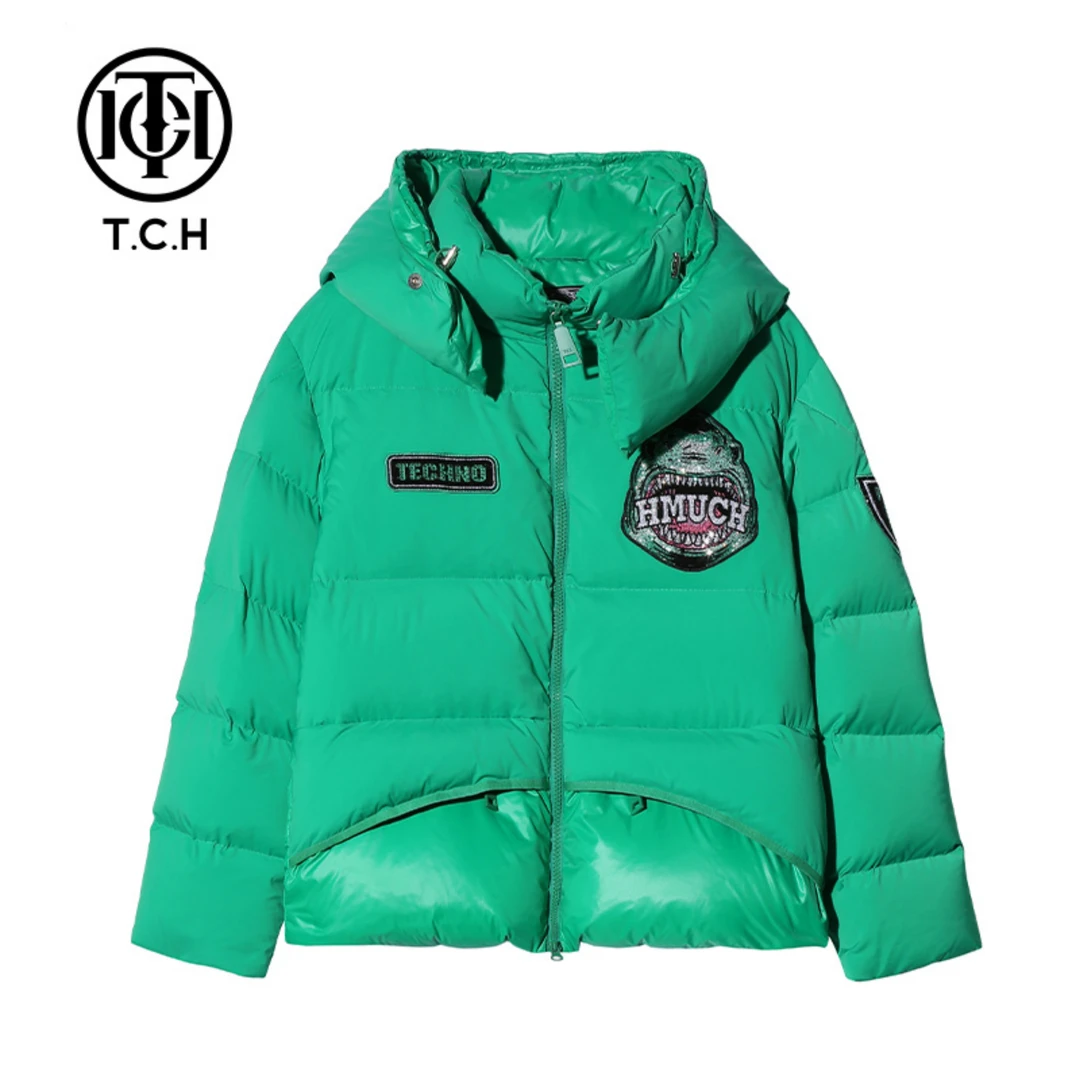 男装-TCH时尚潮牌鲨鱼字母刺绣烫钻绿色连帽休闲羽绒服T69D198055