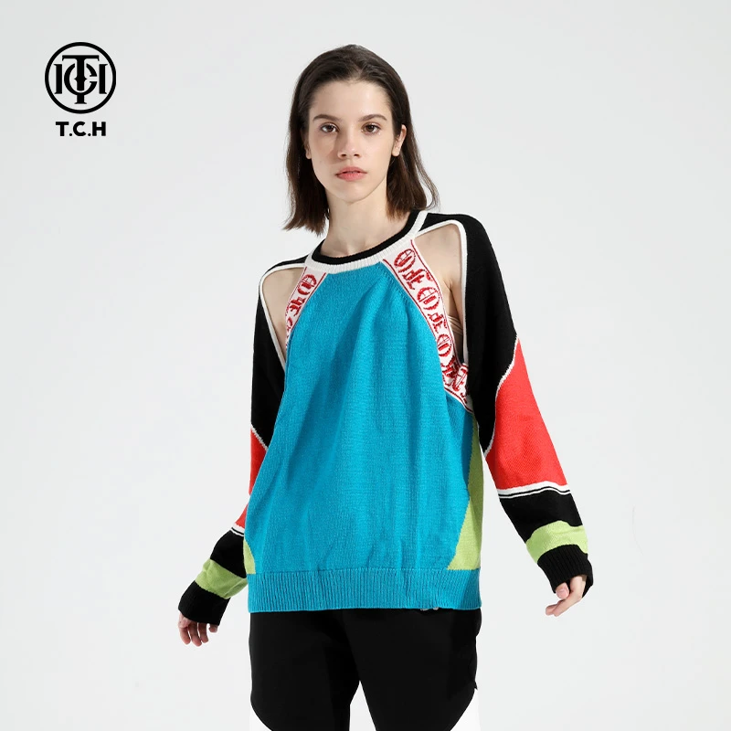 TECHNO CHILLOUT HOUSE潮牌露肩拼色烫钻圆领针织衫 T21109C3013