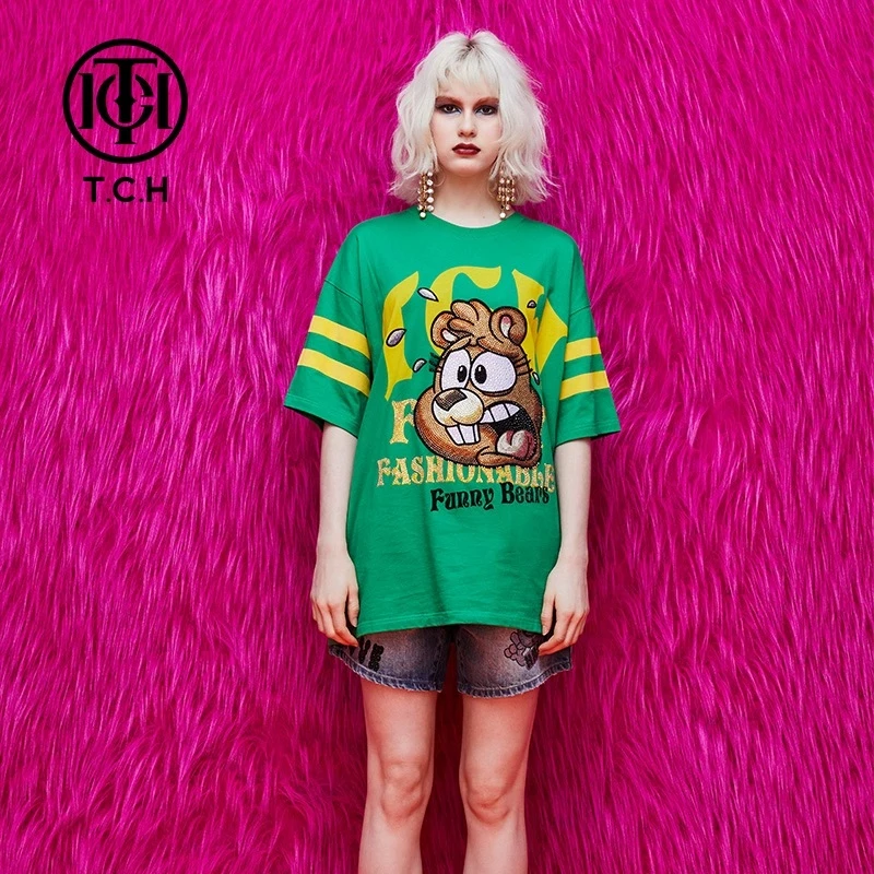 TCH轻奢T恤烫钻小松鼠字母时尚百搭绿色短袖T69B106065私服tch