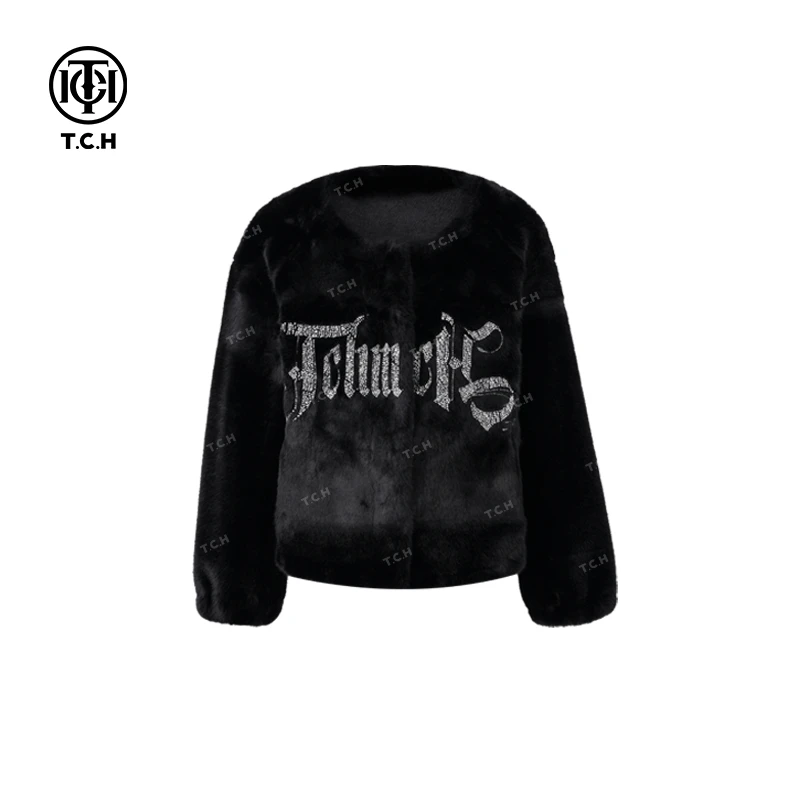 TCH轻奢烫钻工艺字母时髦黑色短款毛毛外套女T72C05E5003私服tch