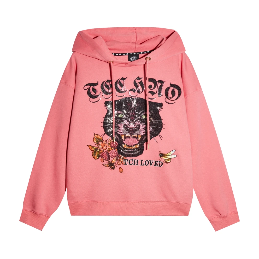 潮牌-TCH时尚豹子头字母小蜜蜂烫钻粉色连帽卫衣T21112C6036