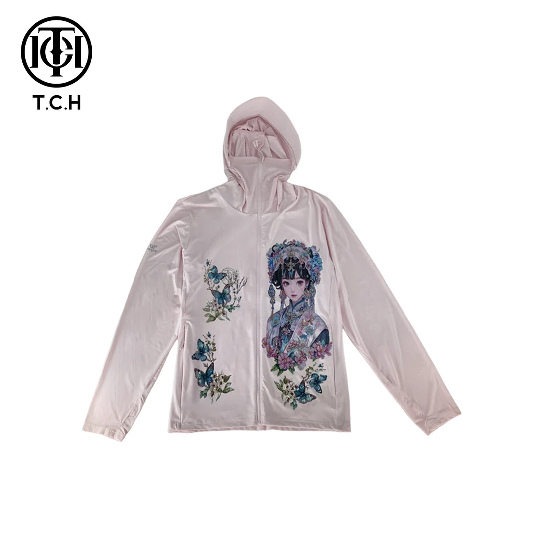 T.C.H/2024潮牌重工烫钻新中式夏款粉色连帽防晒衫T72B27E9033