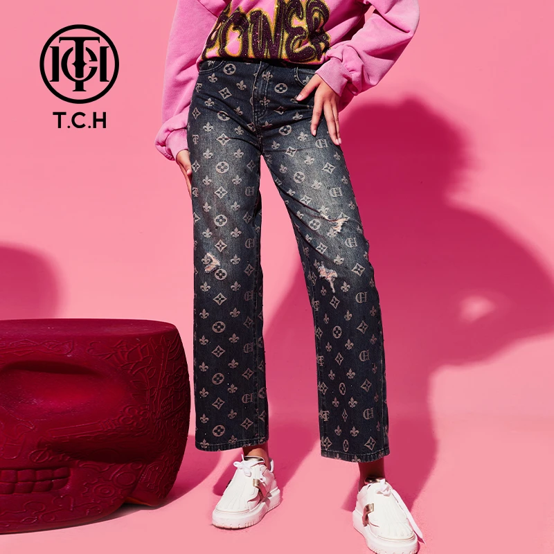 轻奢-TCH潮牌印花阔腿2025秋季时尚百搭蓝色牛仔裤T69C208016A