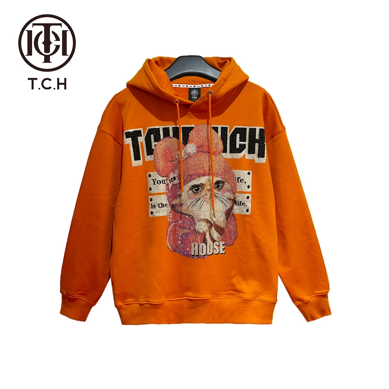 TCH轻奢可爱慵懒风烫钻情侣设计师橙色时尚连帽卫衣T69D12E6010