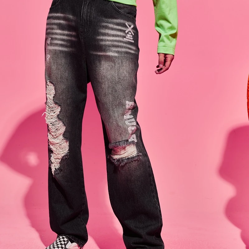 TCH轻奢烫钻工艺字母破洞做旧百搭牛仔裤女S69D208025私服tch