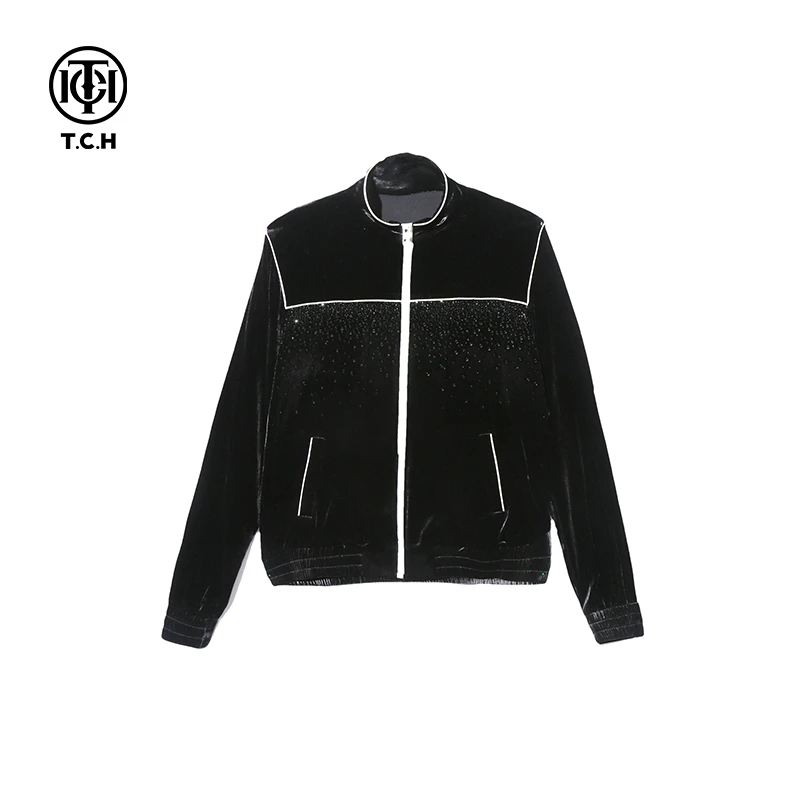 轻奢-TCH潮牌黑色丝绒休闲时尚高级感宽松潮流立领外套T69C278001