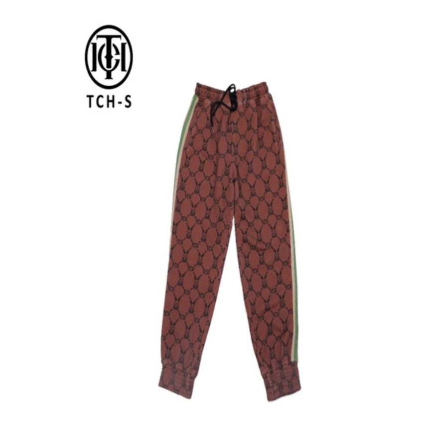 男装-TCH时尚字母刺绣烫钻兔子印花老钱咖色满印休闲裤S66C209125