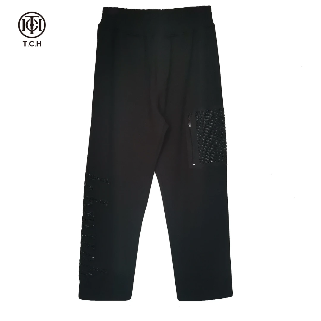 TCH轻奢时尚百搭烫钻工艺春夏新款休闲黑色卫裤T66C206071私服tch